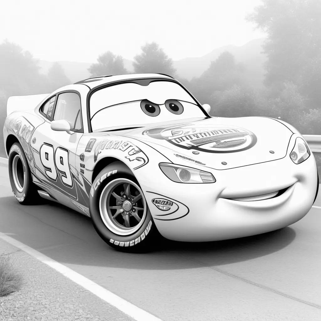 Black and white image of Lightning McQueen car on road