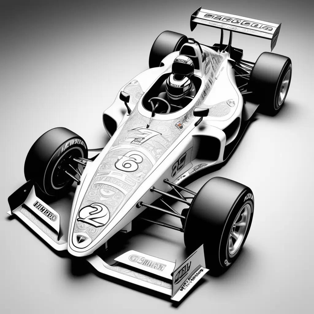 Black and white image of a colorful race car