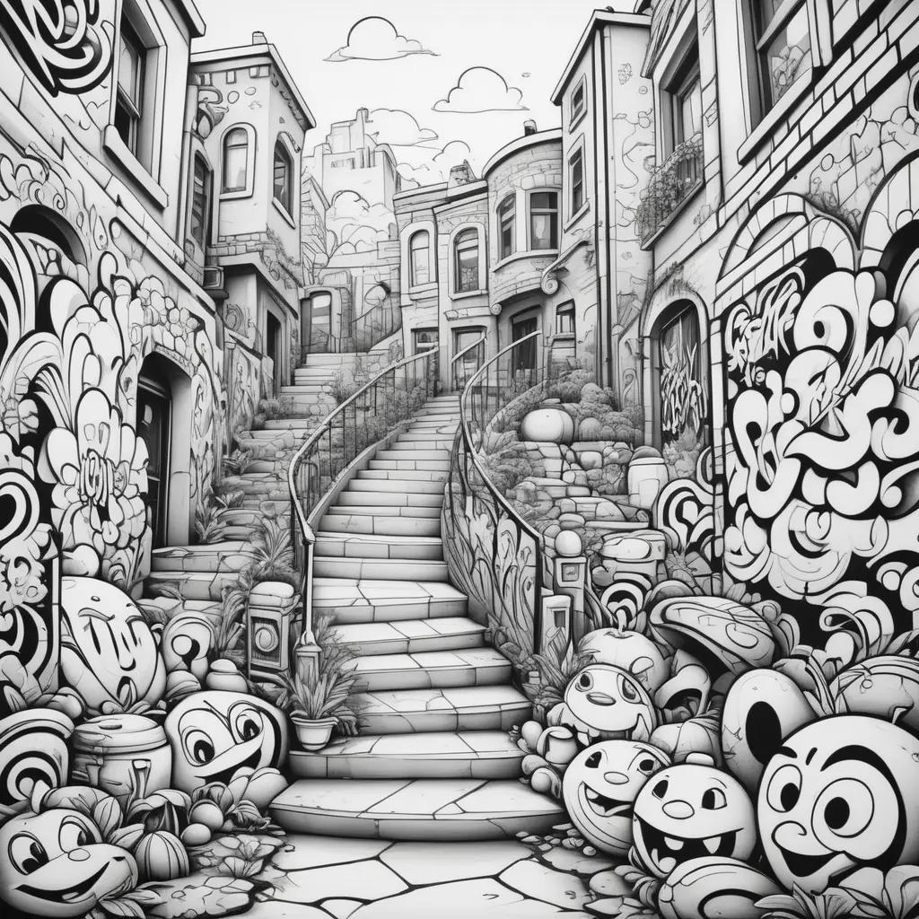 Black and white image of a street with graffiti