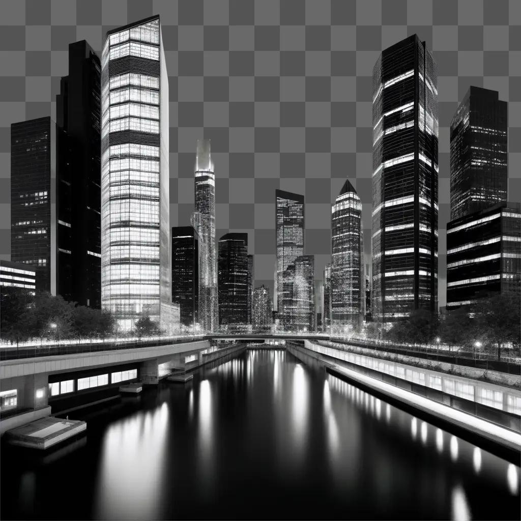 Black and white image of city skyline at night