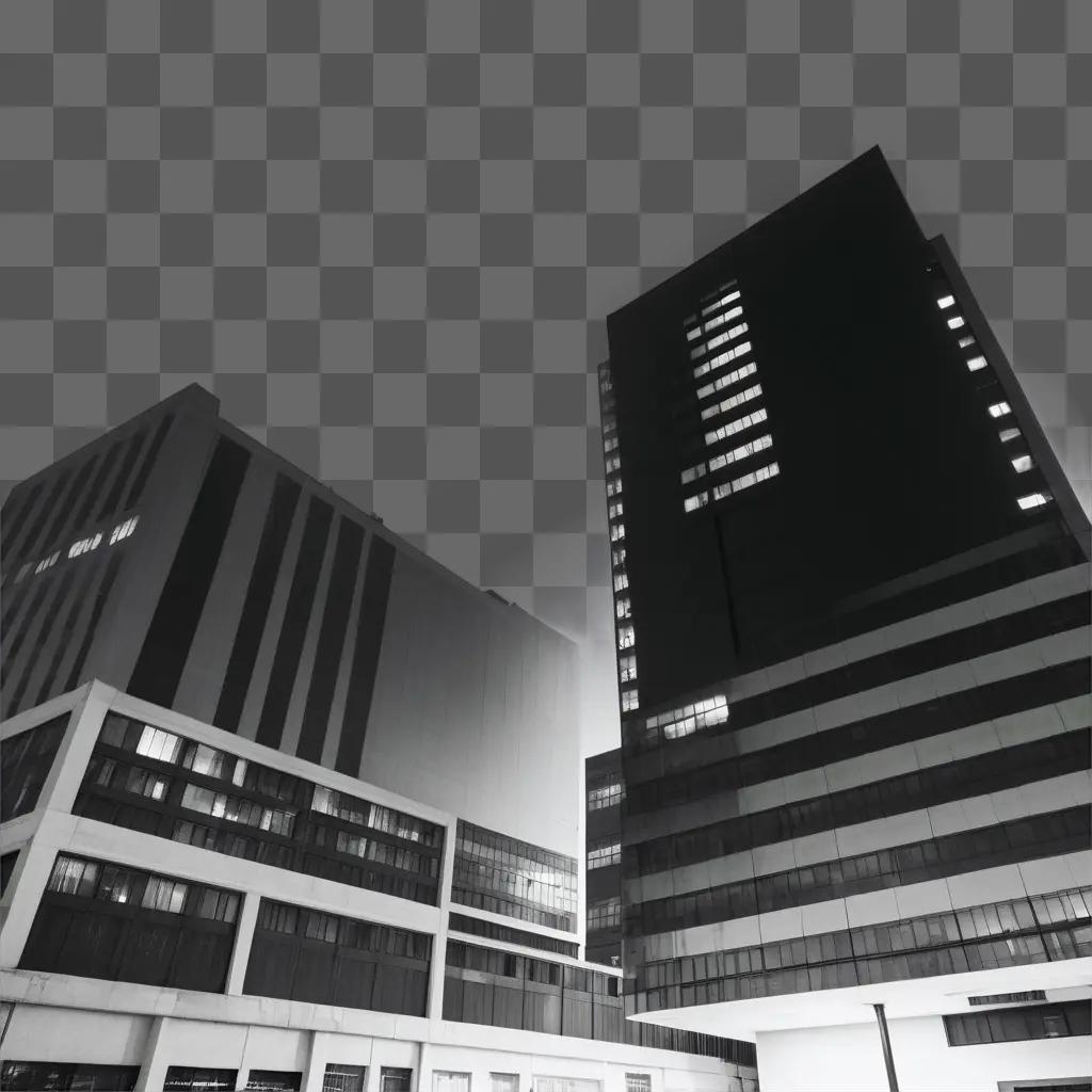 Black and white image of two tall buildings