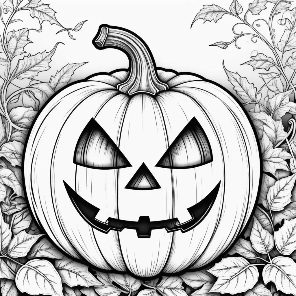 Black and white jack o lantern coloring page with leaves