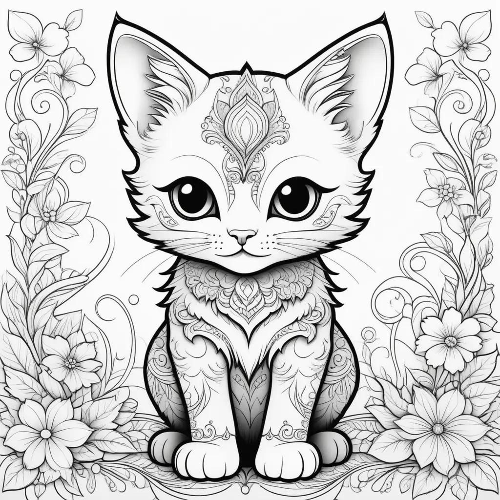 Black and white kitten coloring page with floral border