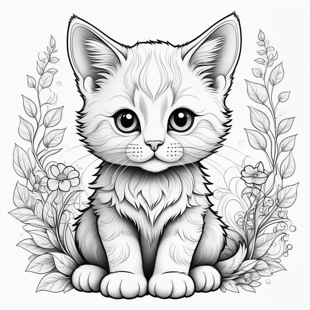 Black and white kitten coloring page with flowers