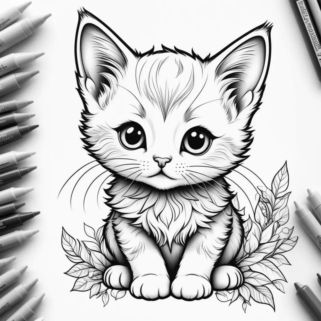 Black and white kitten coloring page with leaves around it