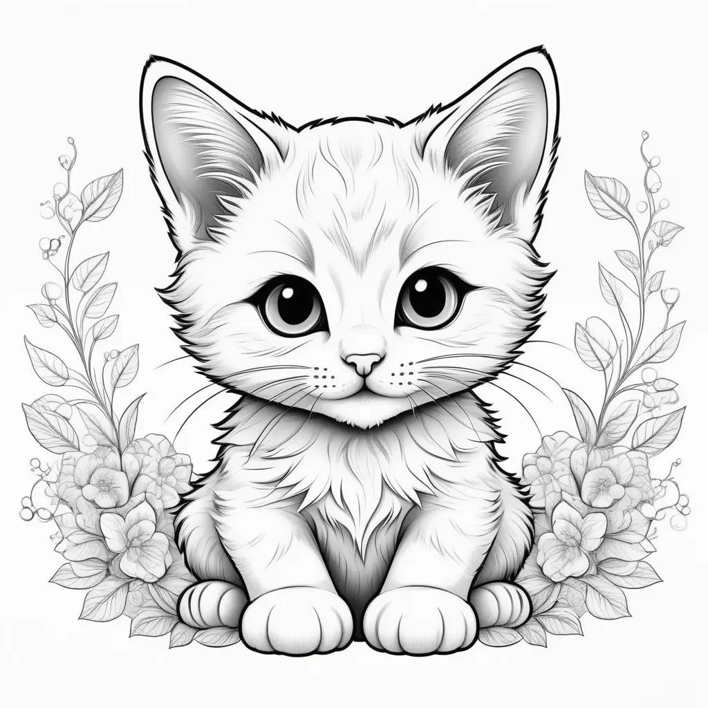 Black and white kitten coloring pages with flowers