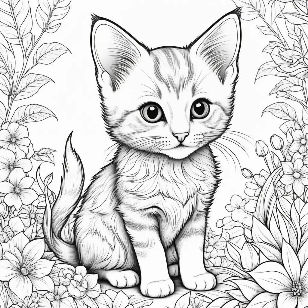 Black and white kitten coloring pages with flowers