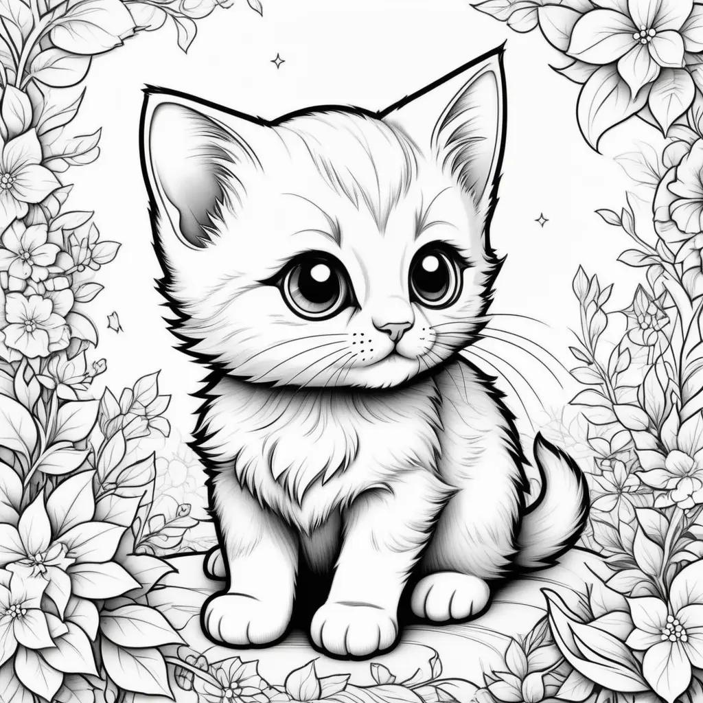 Black and white kitten coloring pages with flowers