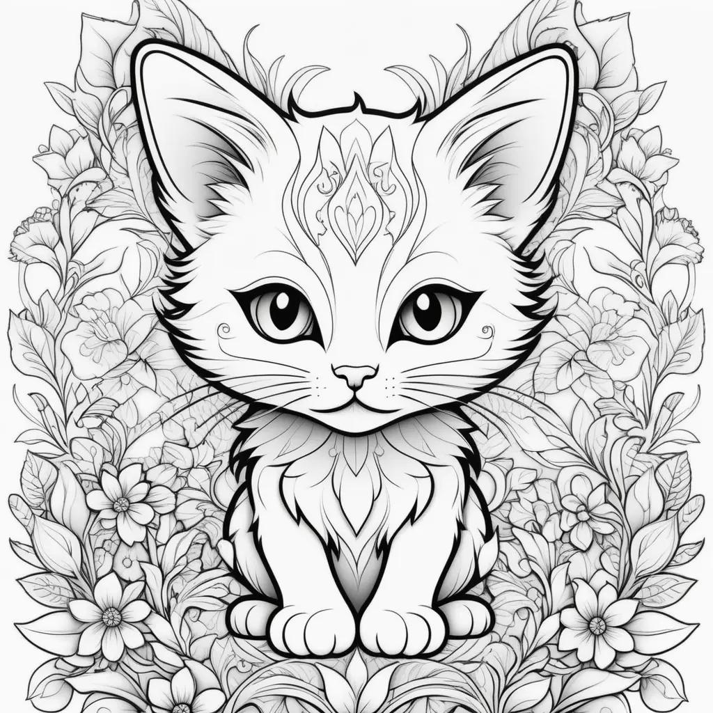 Black and white kitten coloring pages with flowers