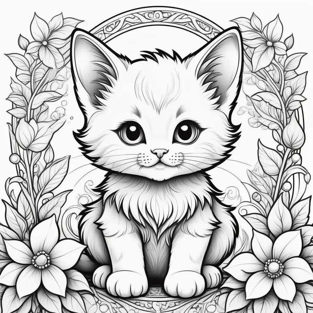 Black and white kitten coloring pages with flowers