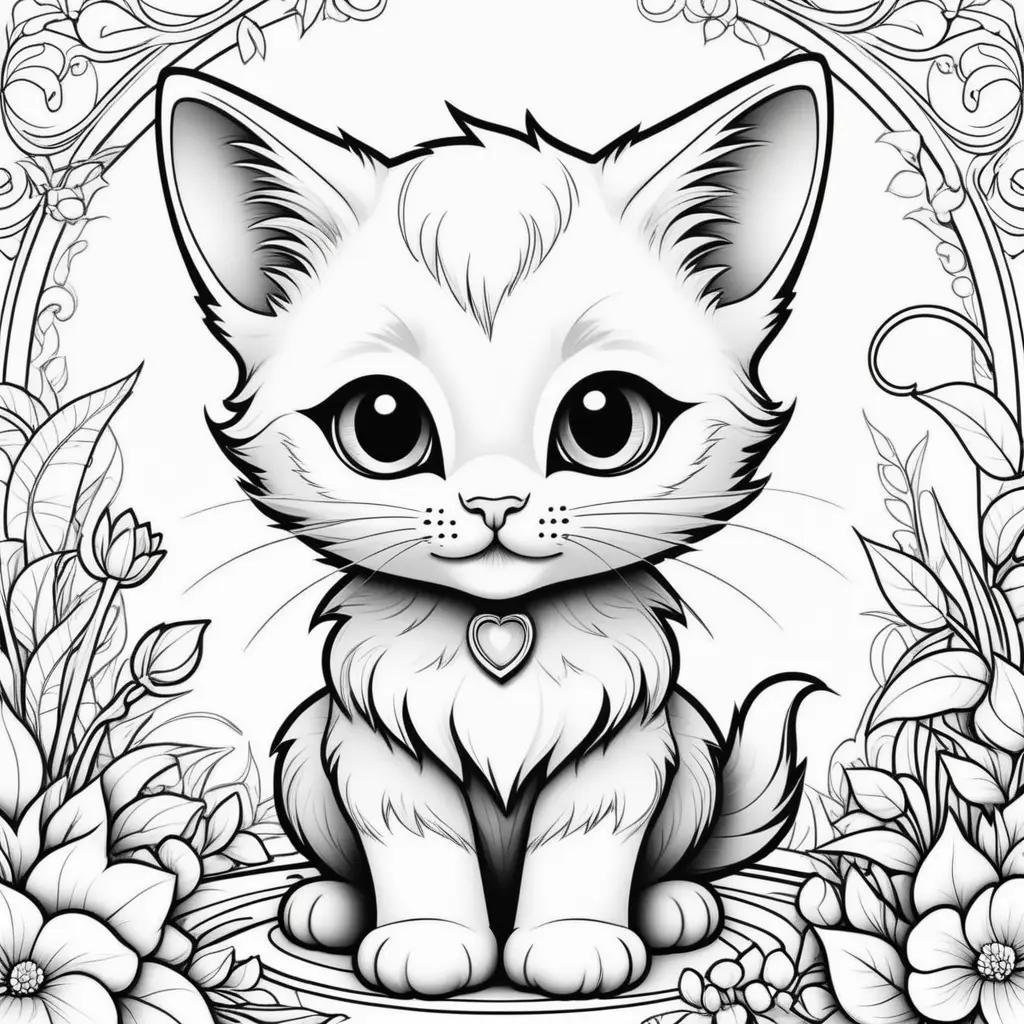 Black and white kitten coloring pages with hearts