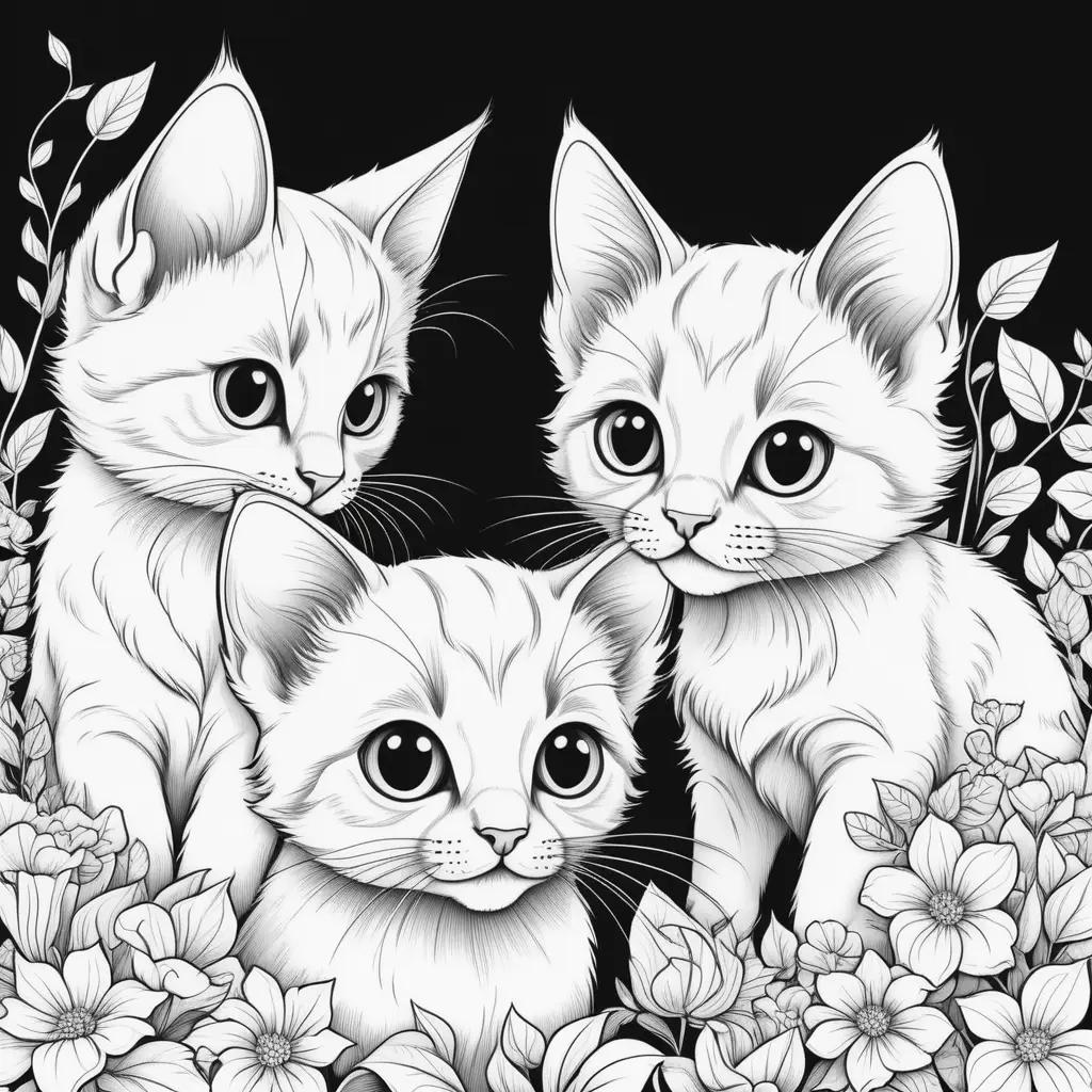 Black and white kittens coloring pages with flowers