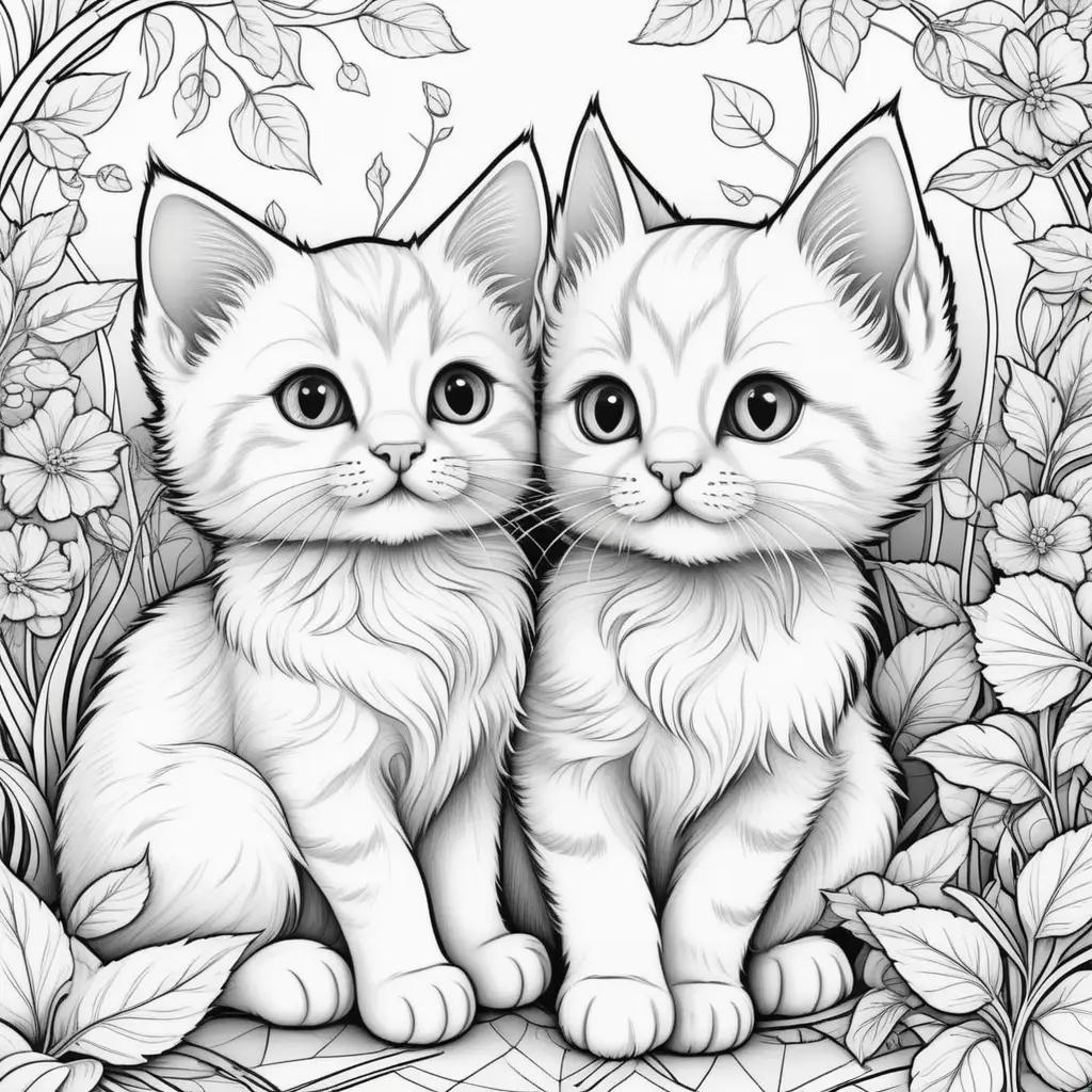 Black and white kittens sit among flowers in a coloring page