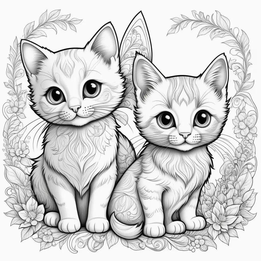 Black and white kittens with flowers coloring pages