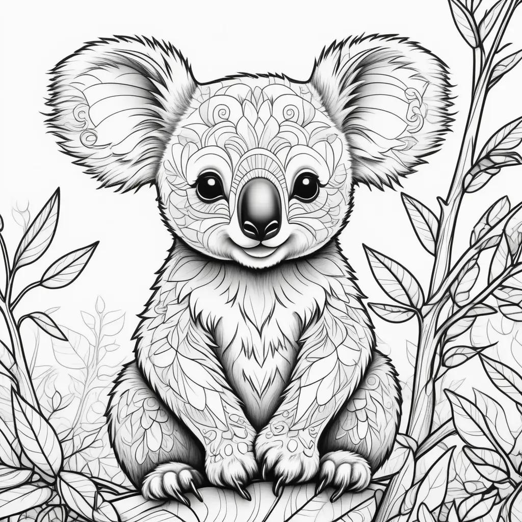 Black and white koala coloring page with flowers