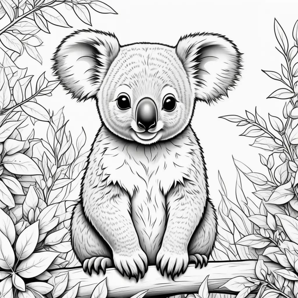 Black and white koala coloring page with leaves in the background