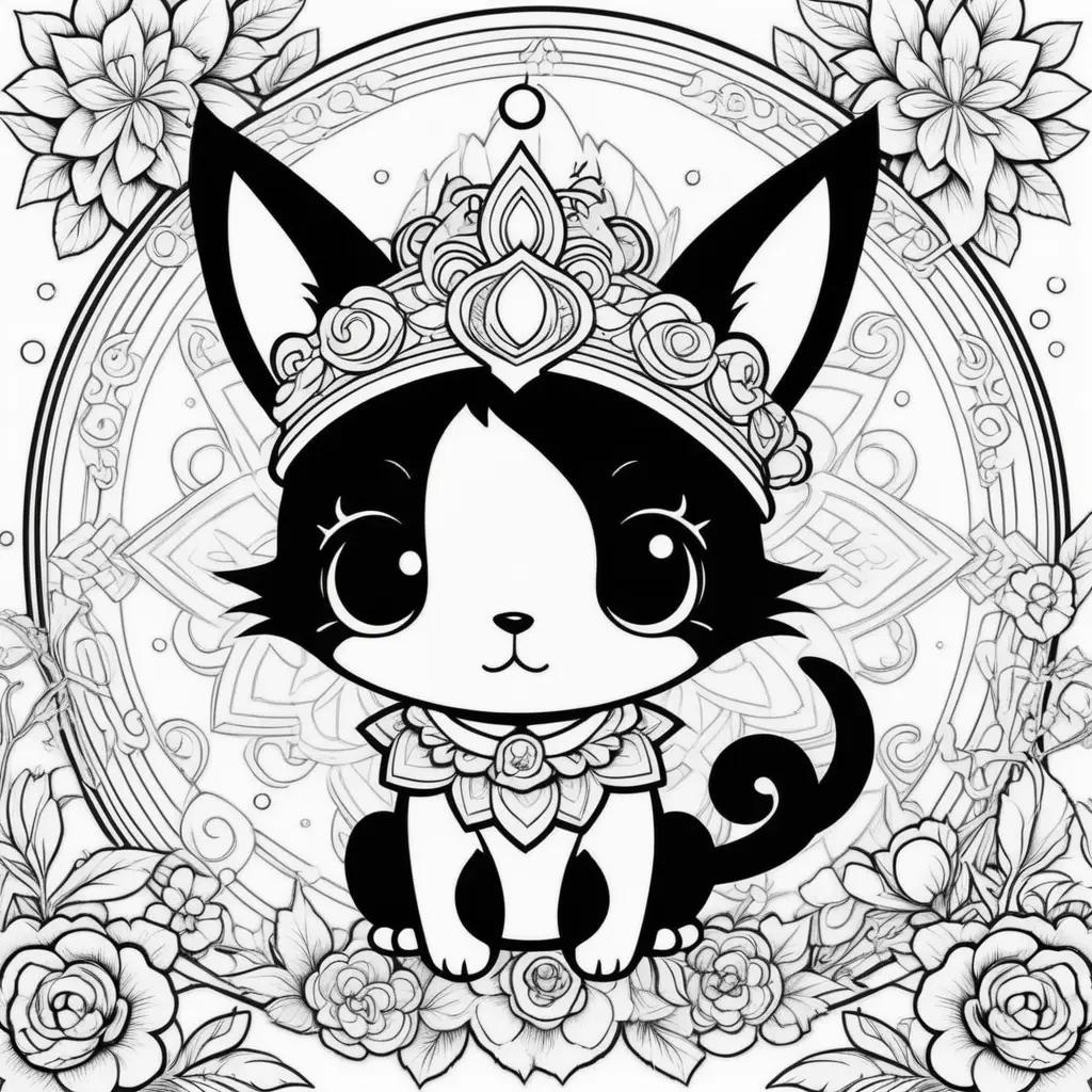 Black and white kuromi coloring pages with flowers and crown