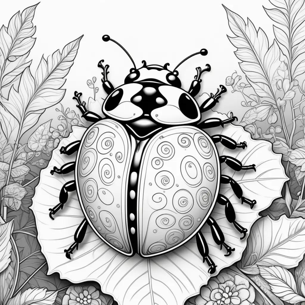 Black and white ladybug coloring page on leaf with swirls