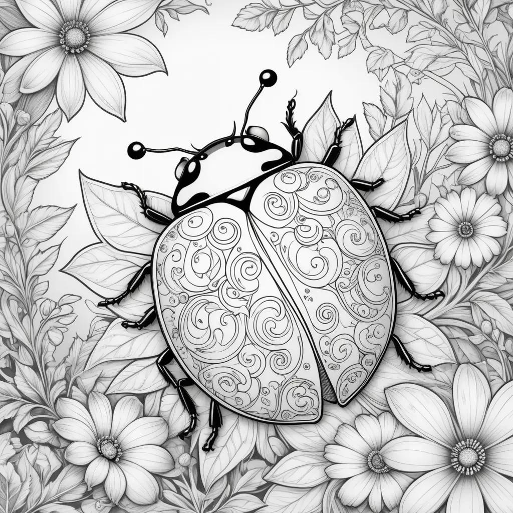 Black and white ladybug coloring page with floral background