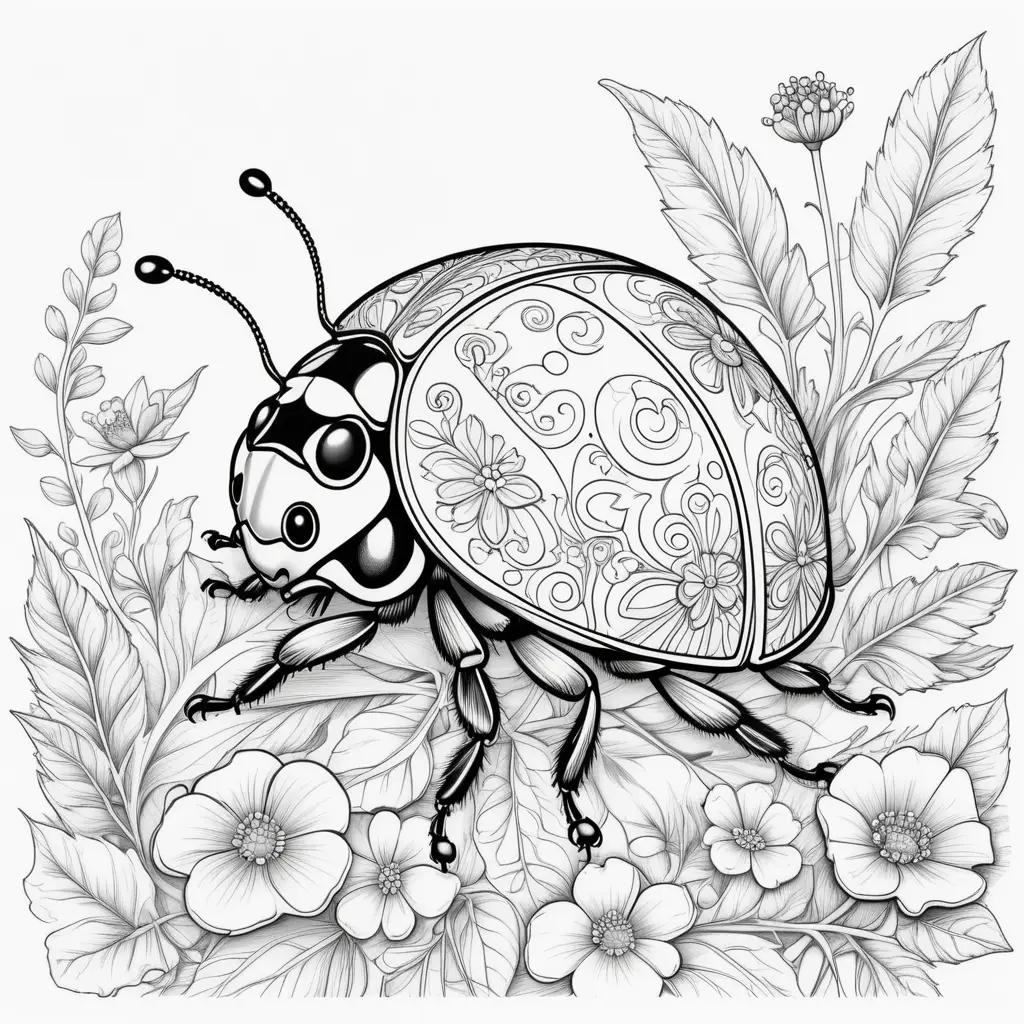 Black and white ladybug coloring page with floral design