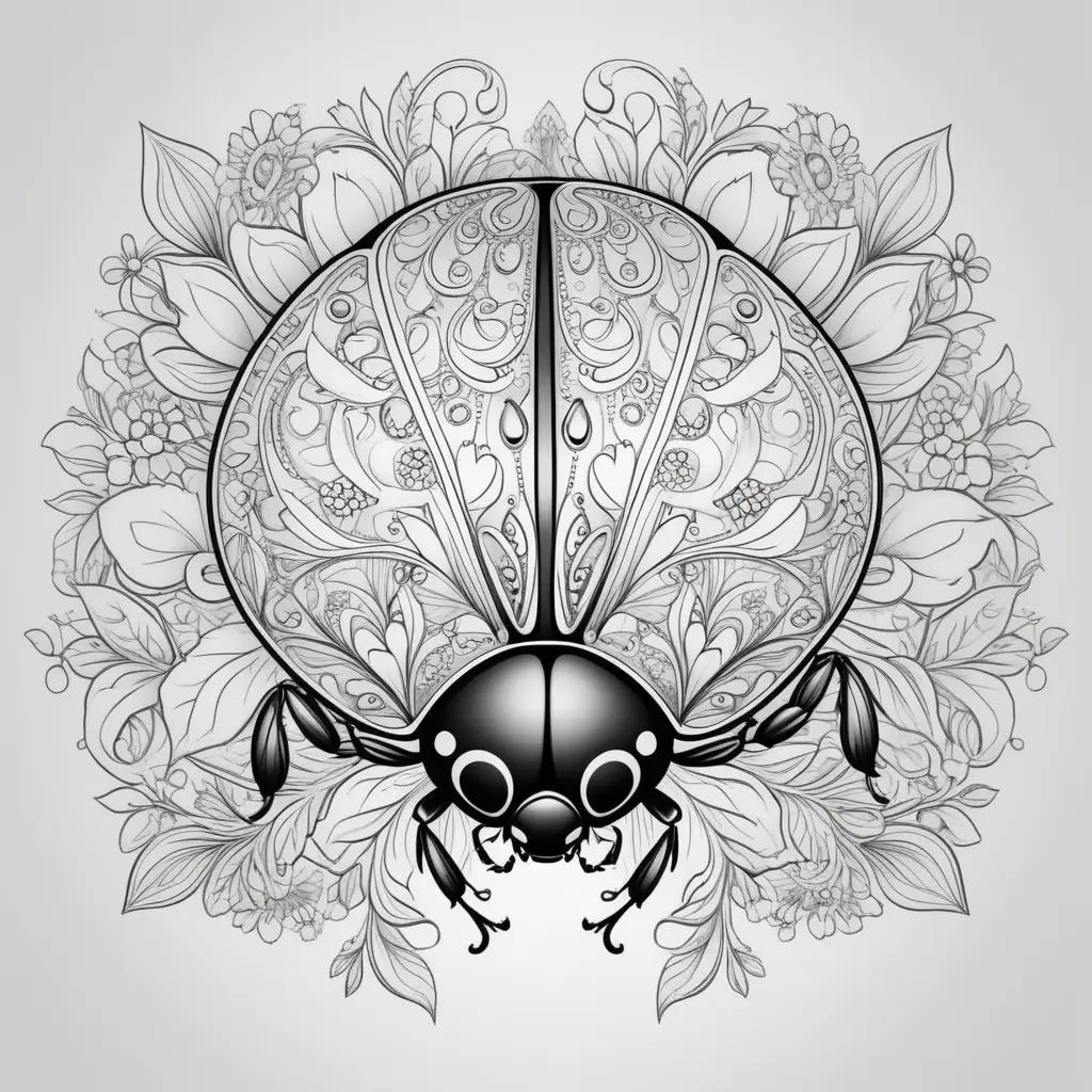 Black and white ladybug coloring page with floral design