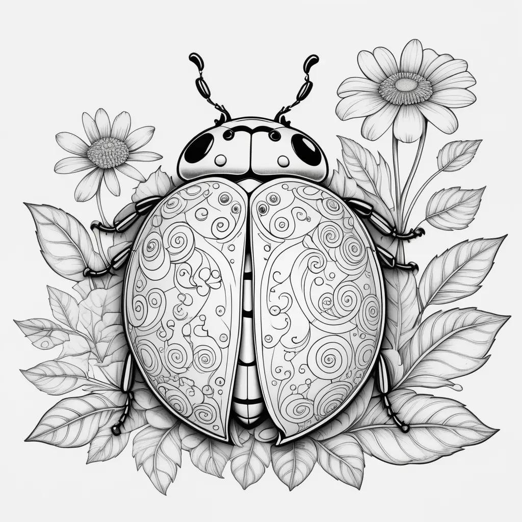 Black and white ladybug coloring page with flowers