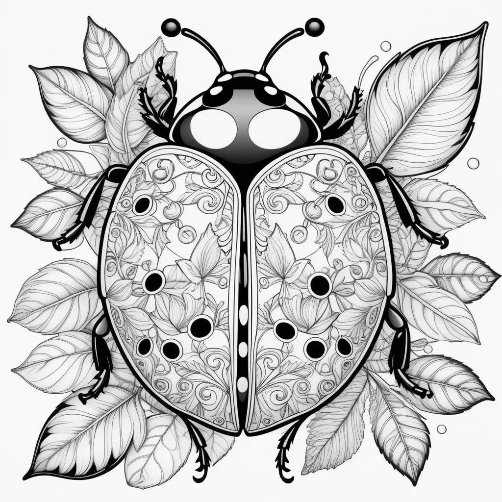 Black and white ladybug coloring page with leaves