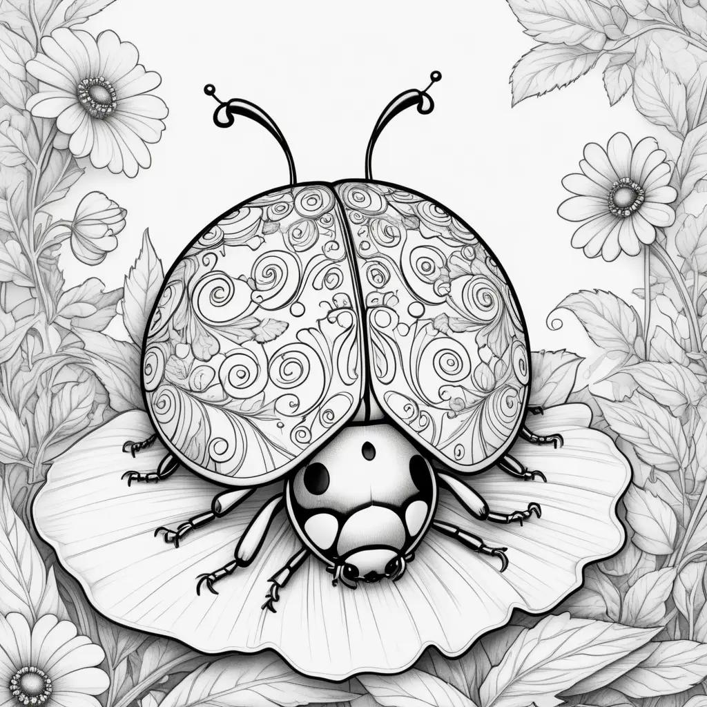 Black and white ladybug coloring page with swirls and flowers