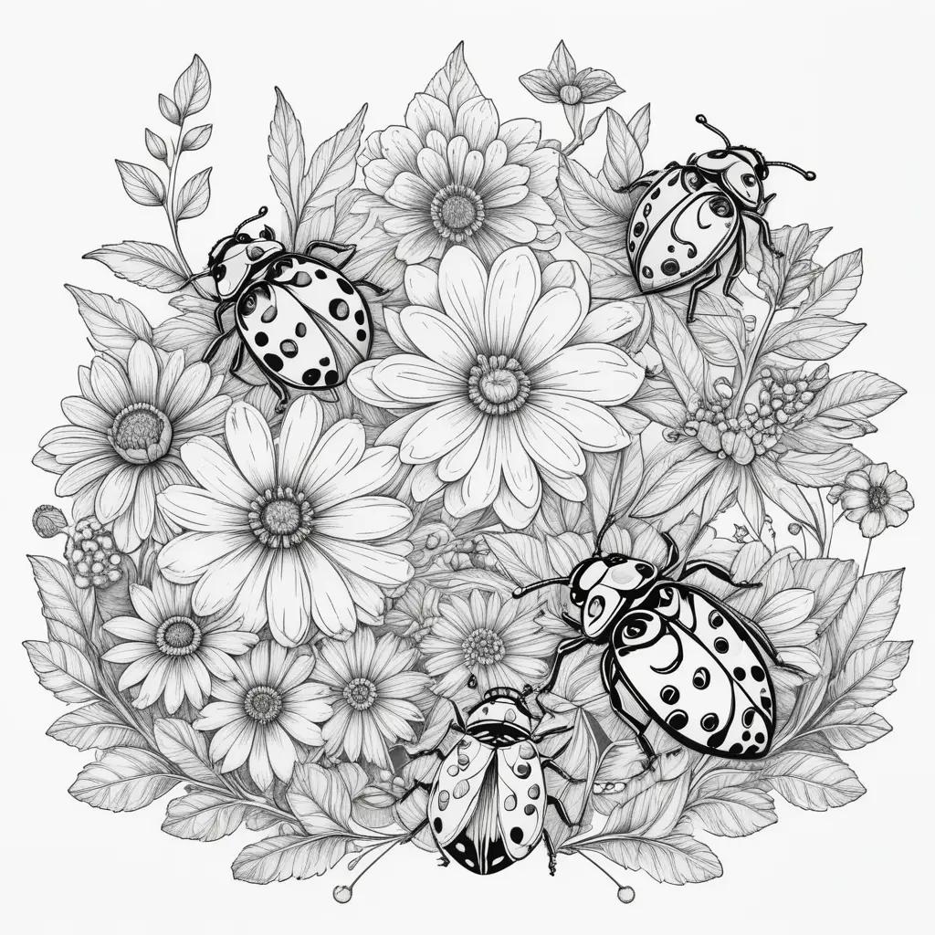 Black and white ladybug coloring pages with flowers