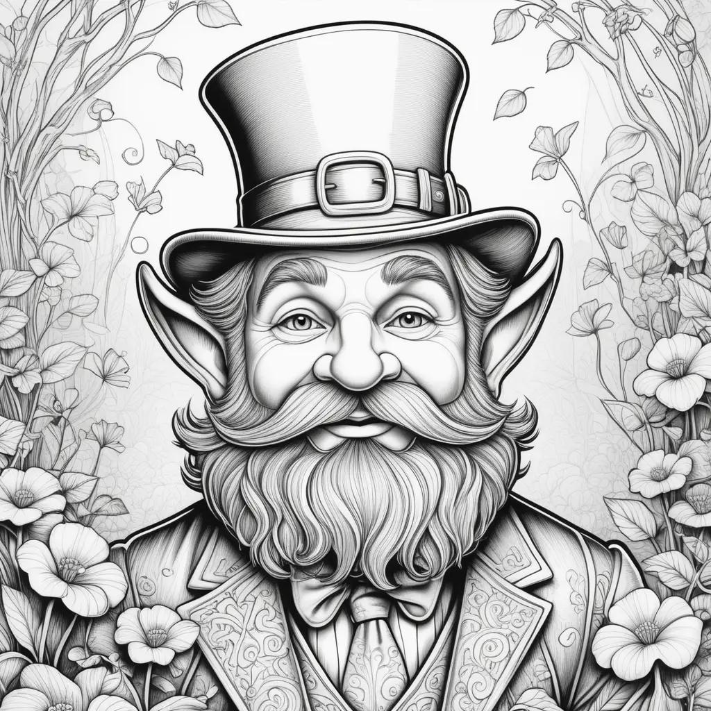 Black and white leprechaun coloring page featuring a top hat and beard