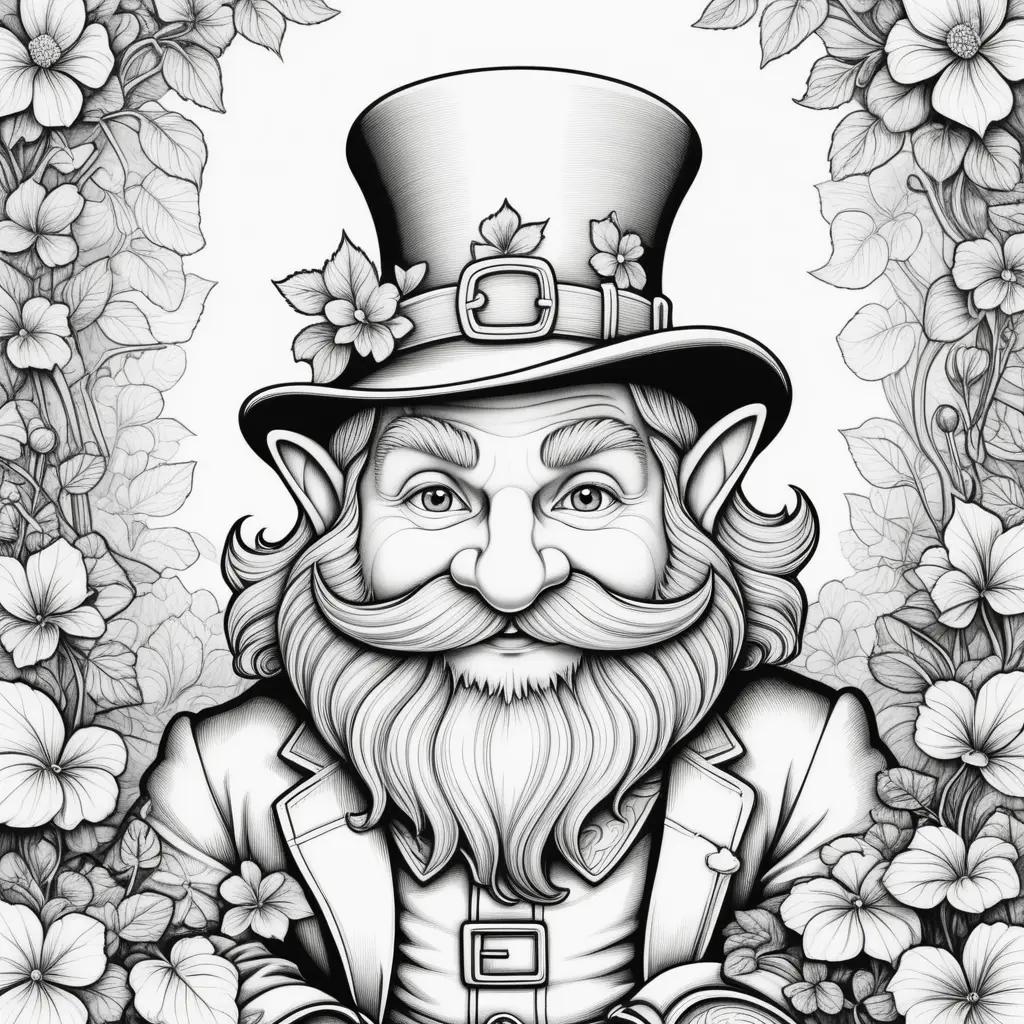 Black and white leprechaun coloring page with flowers and leaves