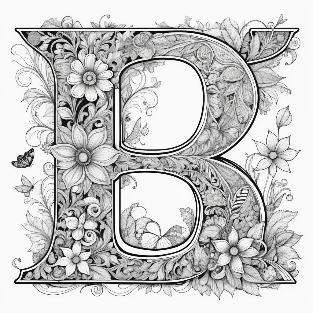 Black and white letter B coloring page with flowers and butterflies