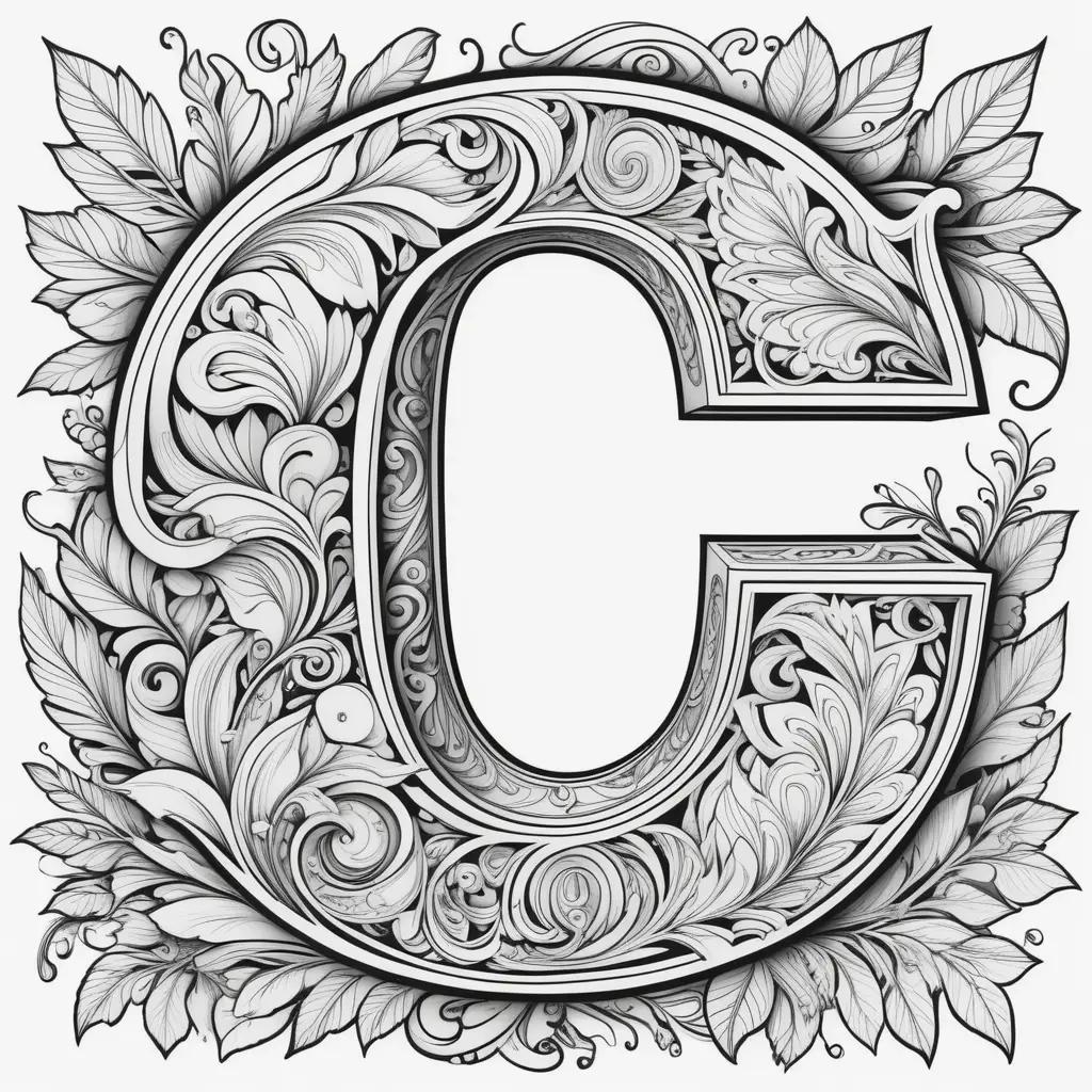 Black and white letter C coloring page featuring ornate leaves