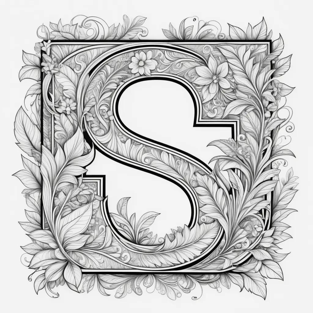 Black and white letter S coloring page with flowers and leaves