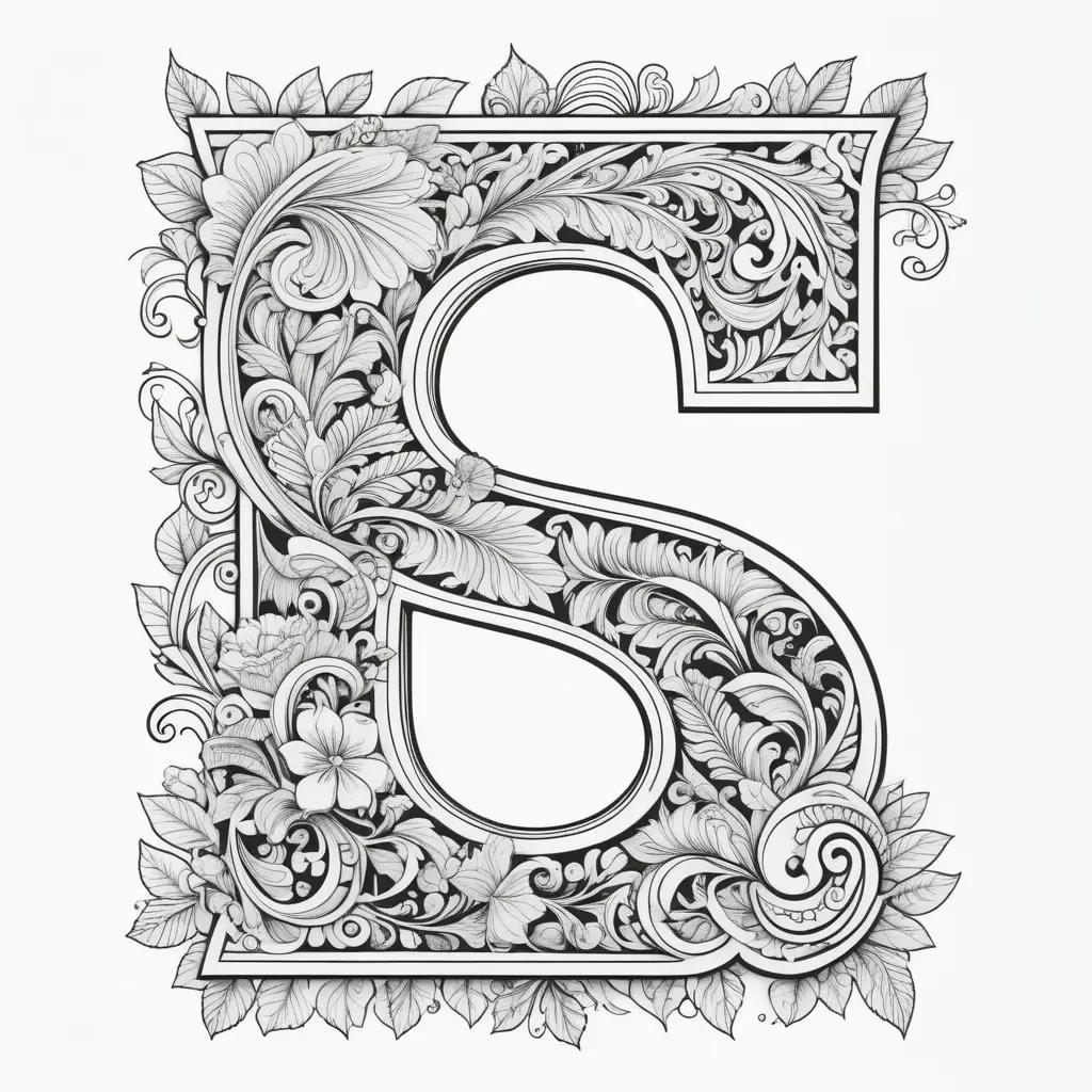 Black and white letter S with flowers and leaves