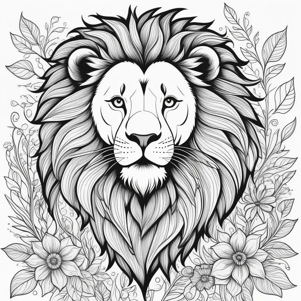 Black and white lion color pages with flowers