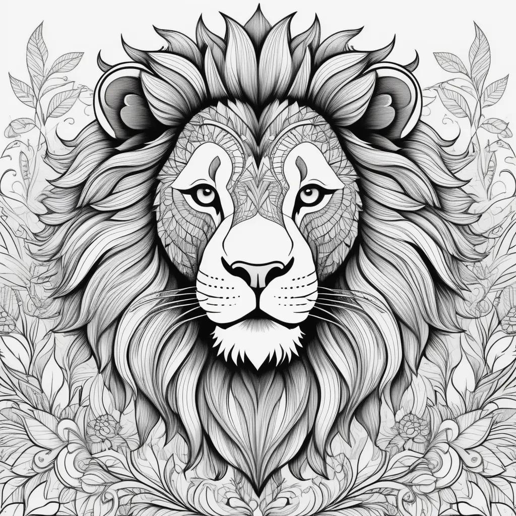 Black and white lion coloring page with flowers