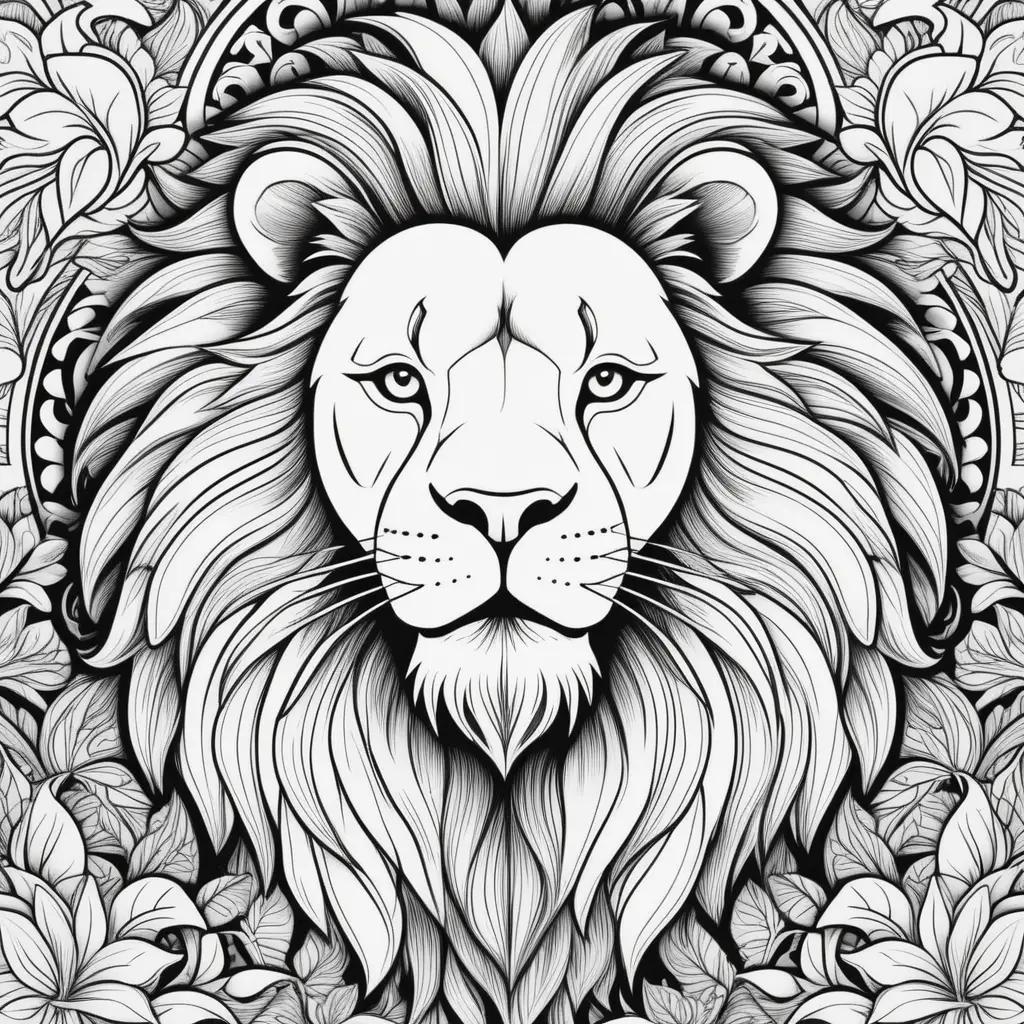 Black and white lion coloring page with leaves