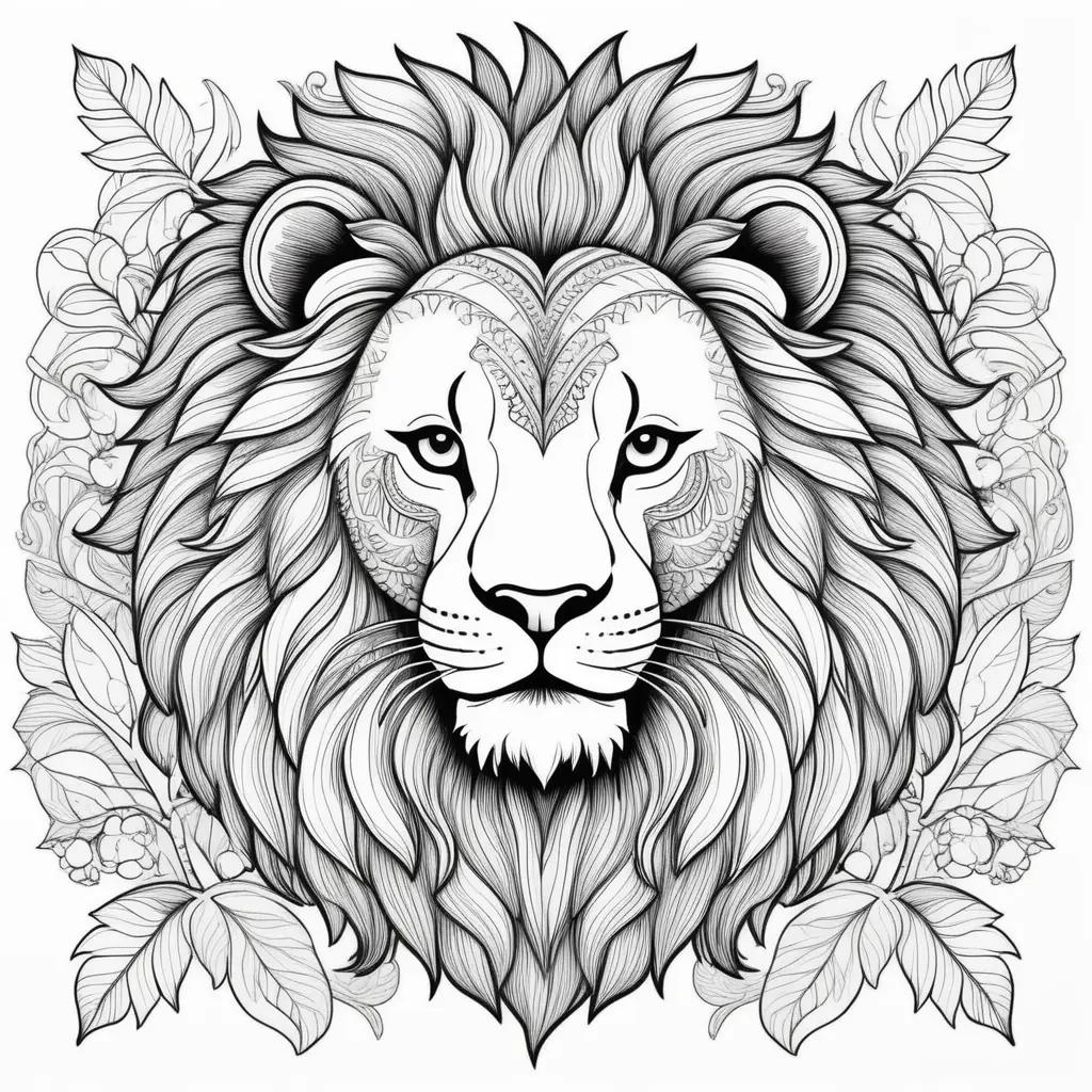 Black and white lion coloring page with leaves