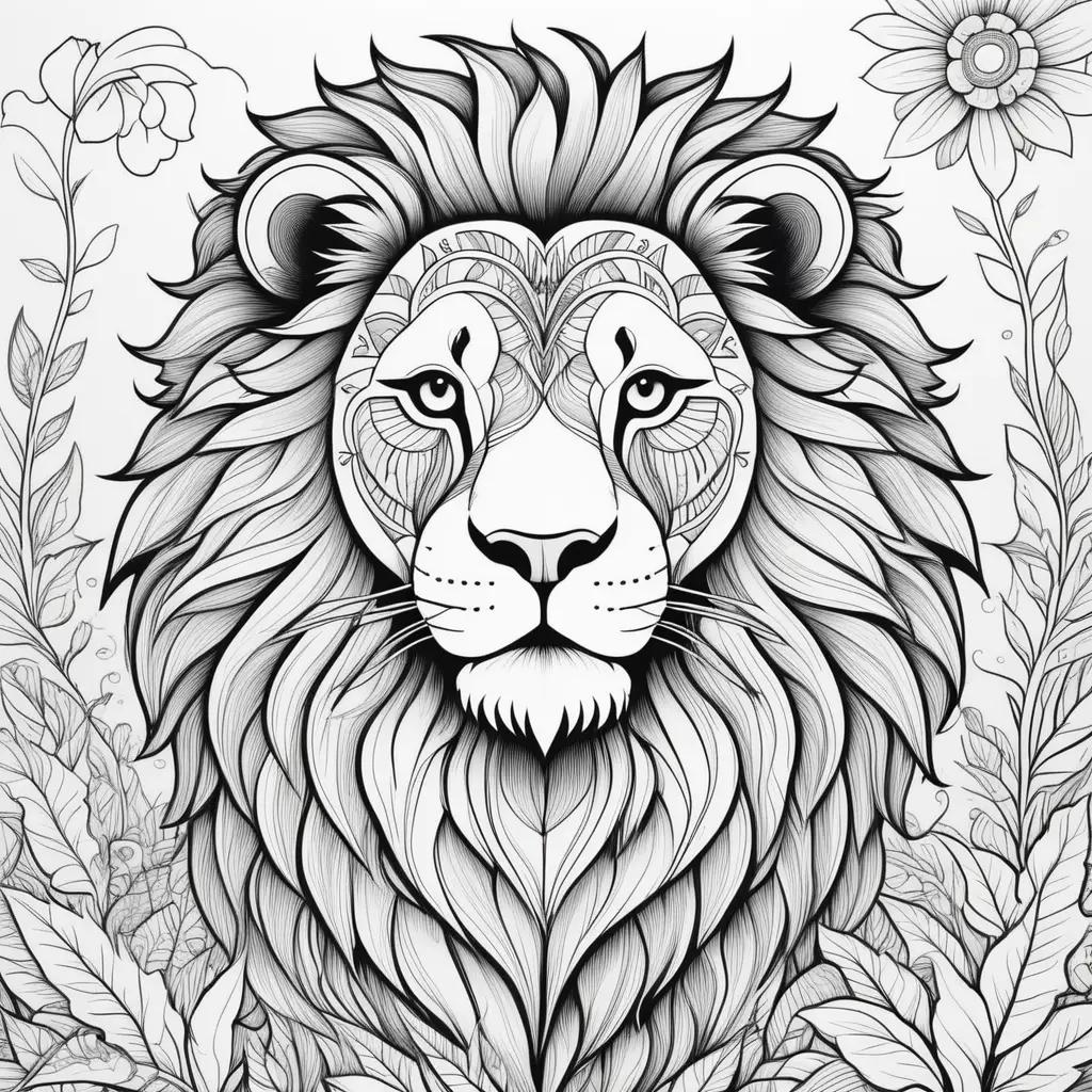 Black and white lion coloring page with leaves and flowers