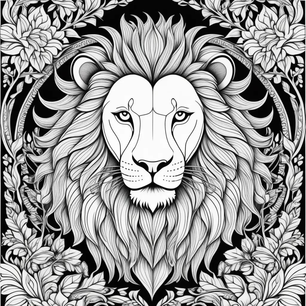 Black and white lion coloring pages with flower design