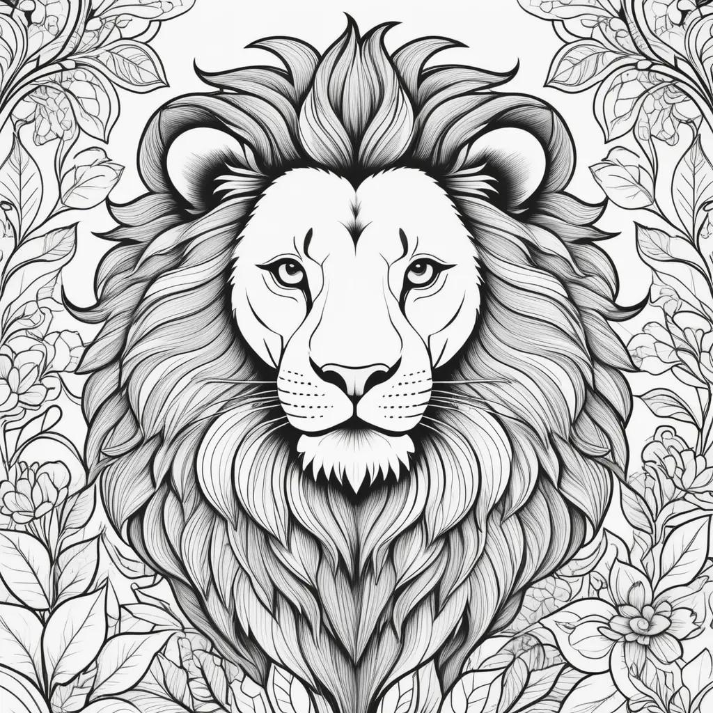 Black and white lion coloring pages with flowers