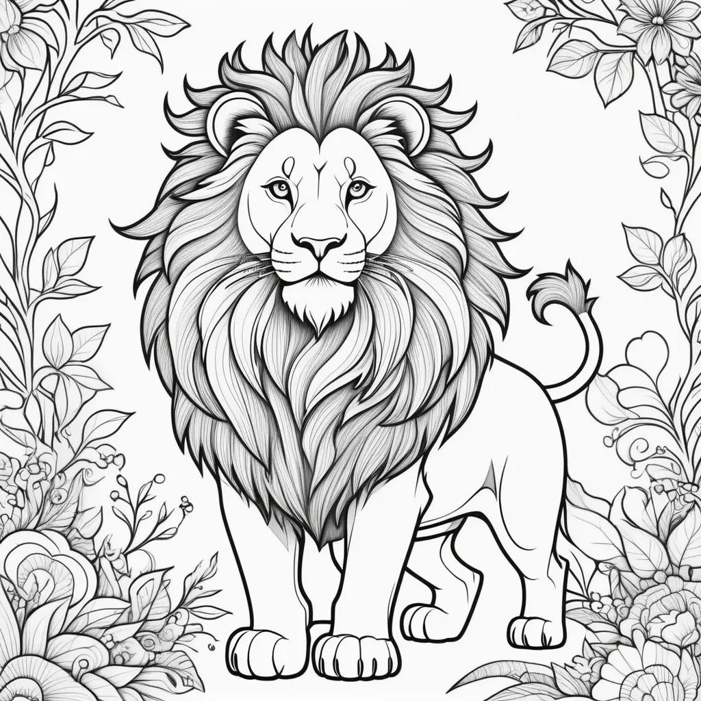 Black and white lion coloring pages with flowers