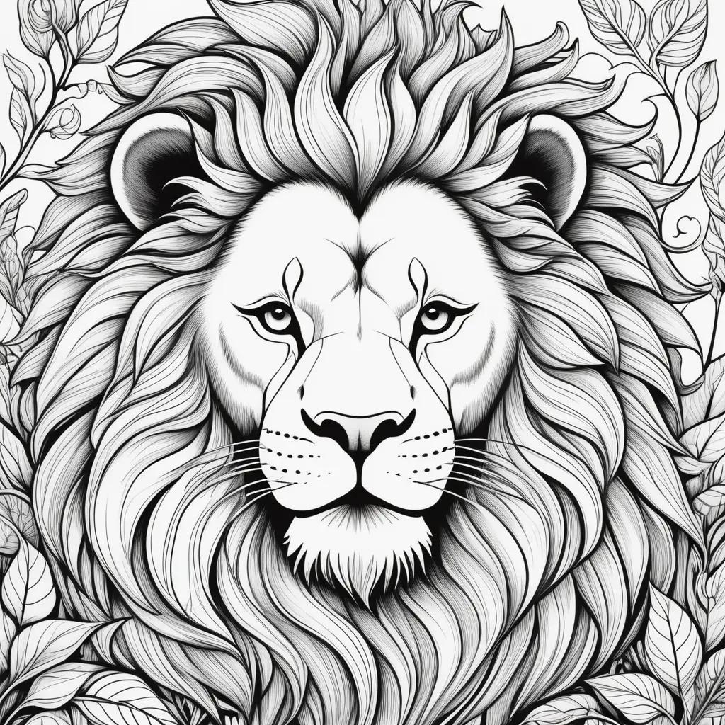 Black and white lion coloring pages with leaves