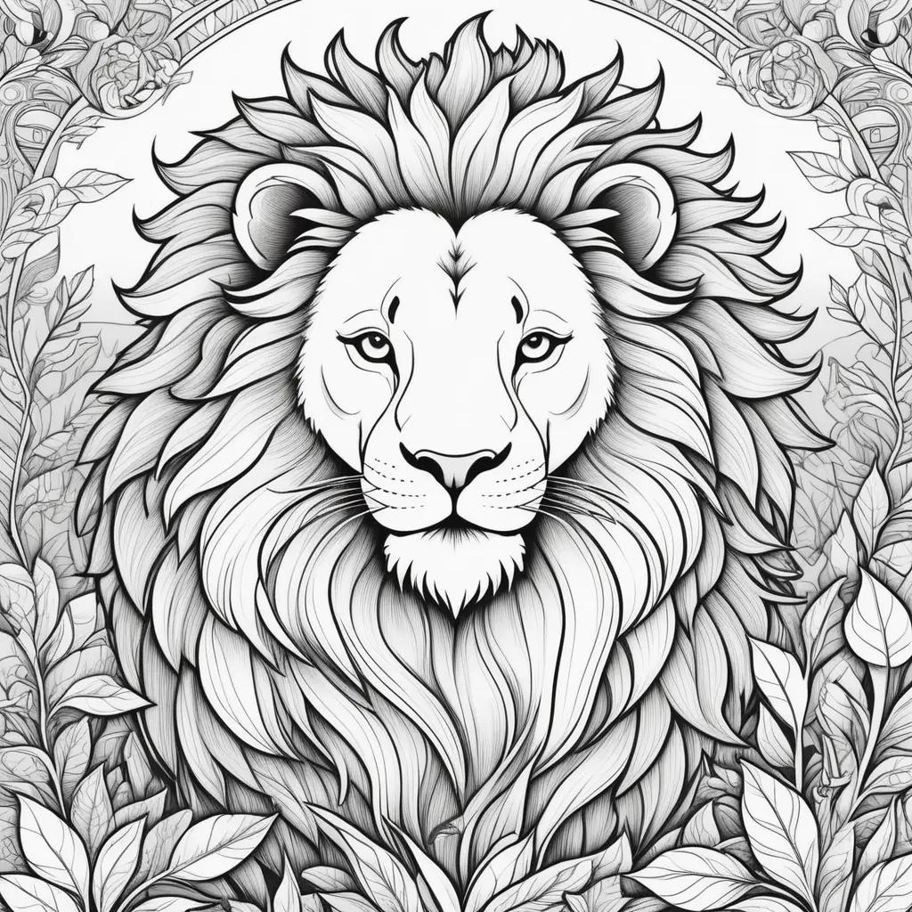 Black and white lion drawing on color pages