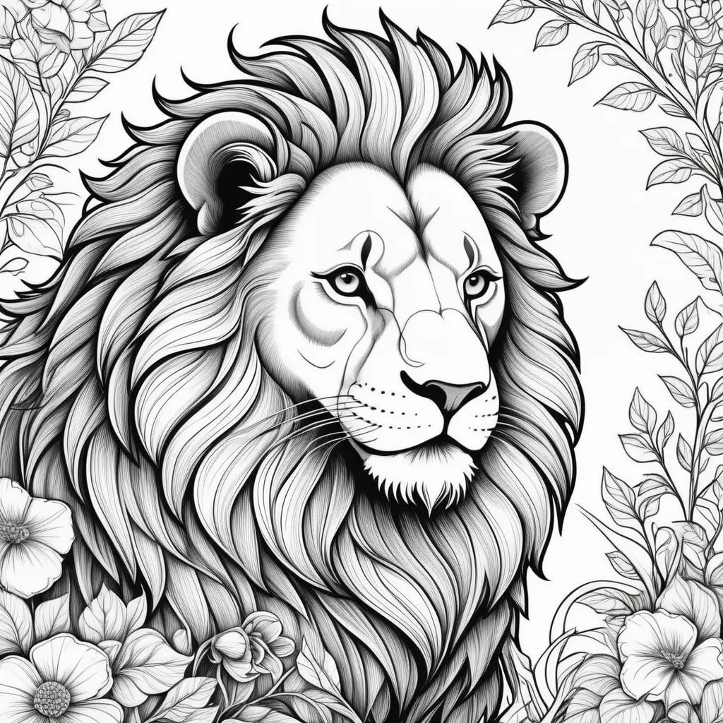 Black and white lion drawing on color pages