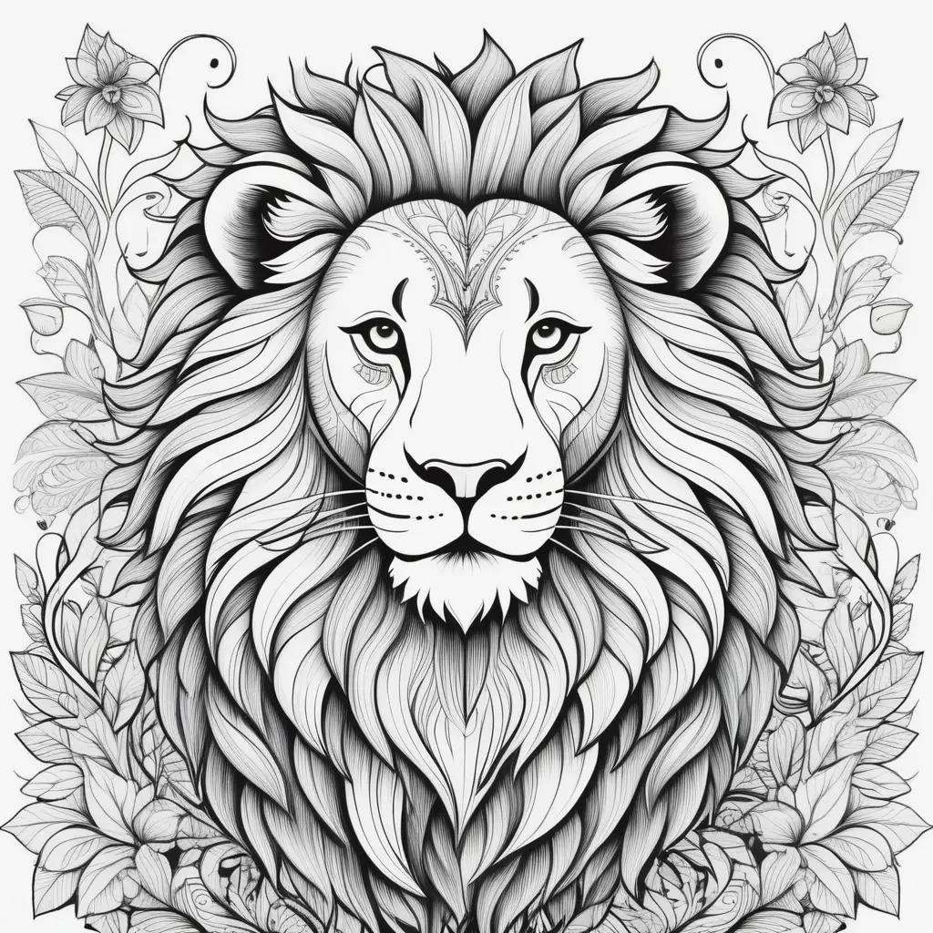 Black and white lion drawing pages with color guide