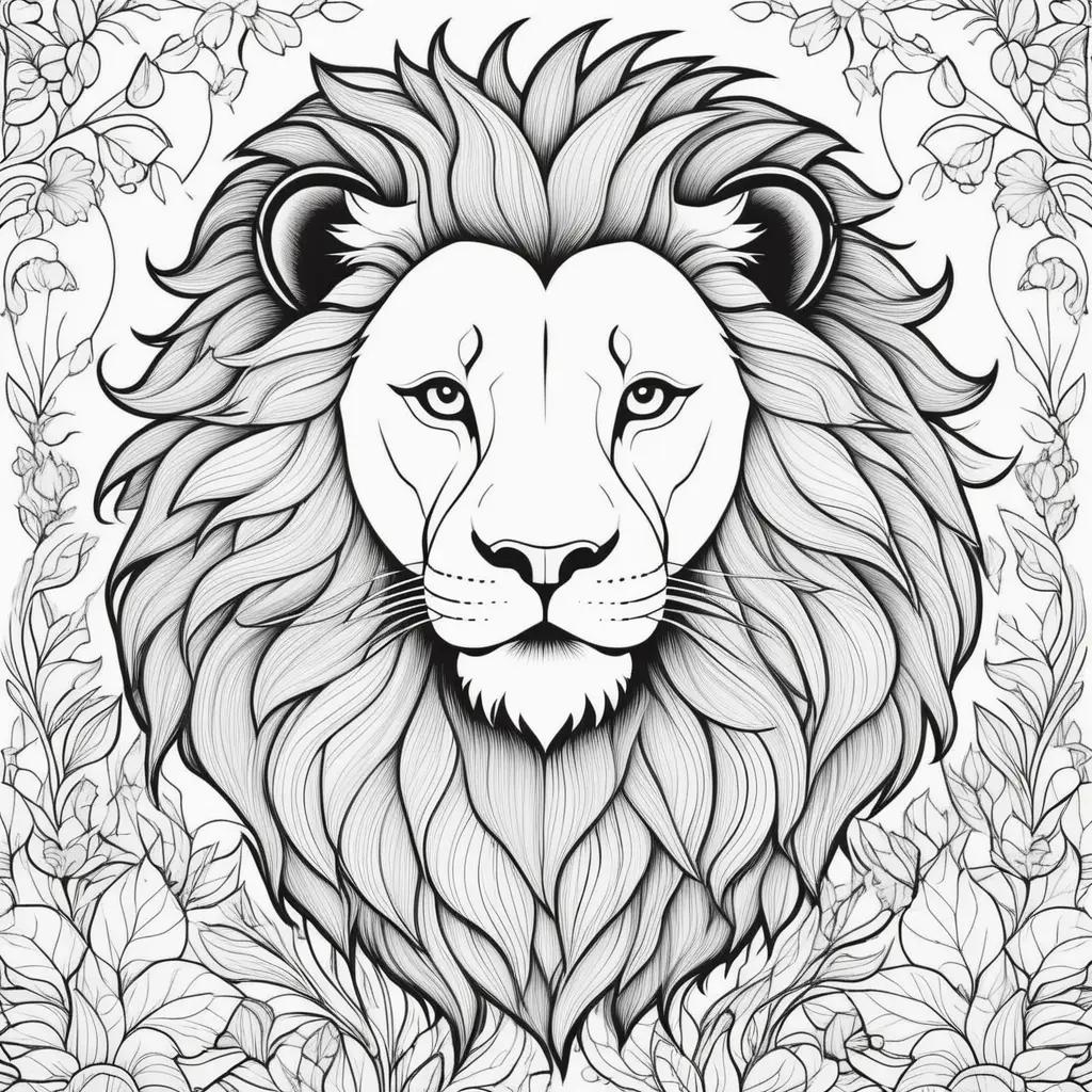 Black and white lion drawing with leaves and flowers