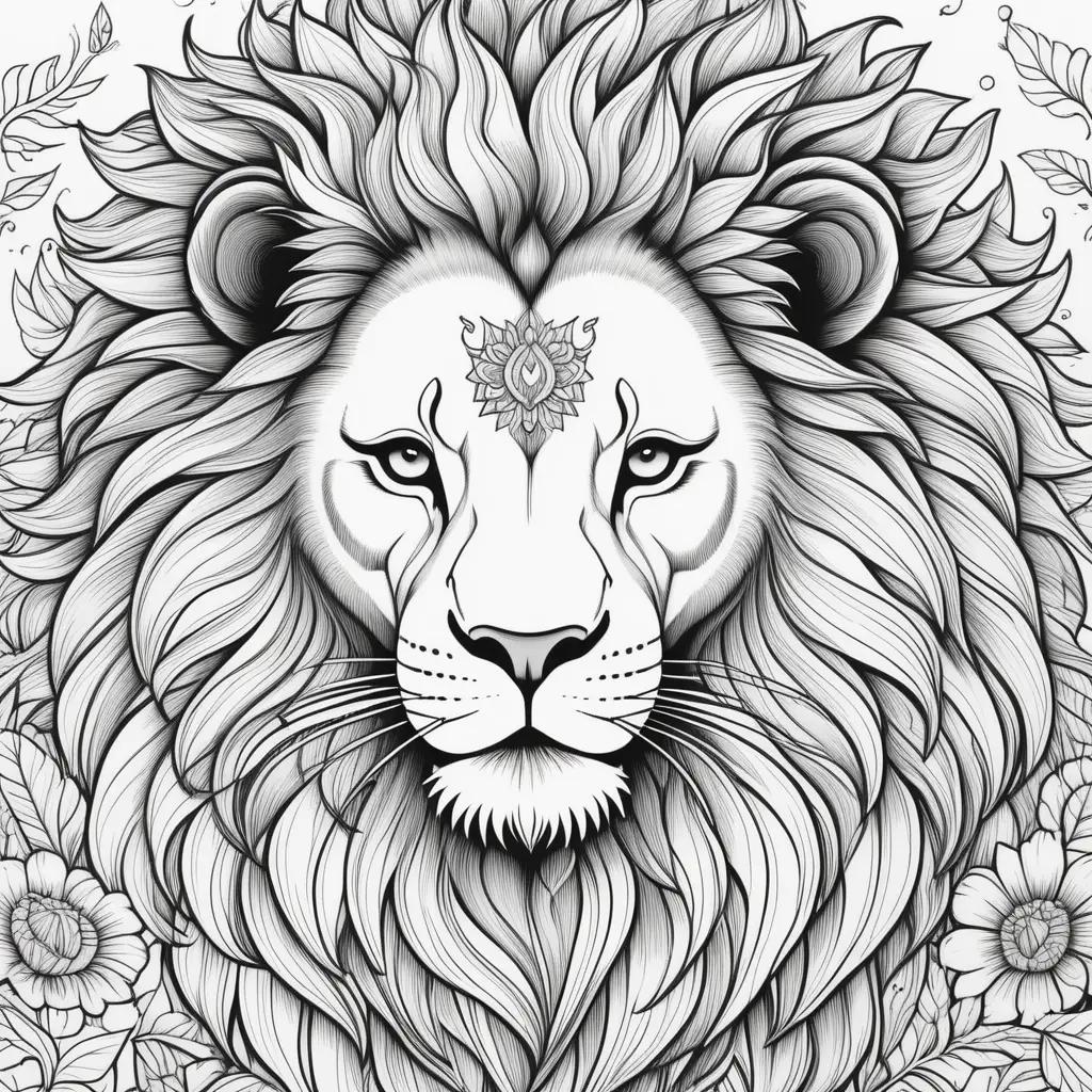 Black and white lion face coloring page with flower accents