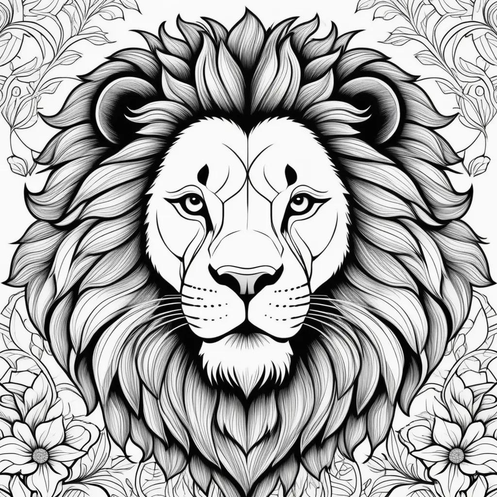 Black and white lion head on flower background